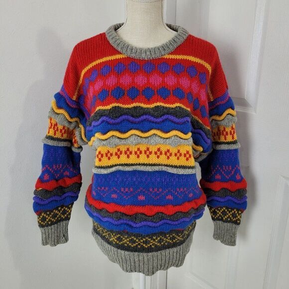 Vintage Wool Sweater Womens Large Striped Knitted By Hand Cosby Crescendo 90s - Picture 16 of 16